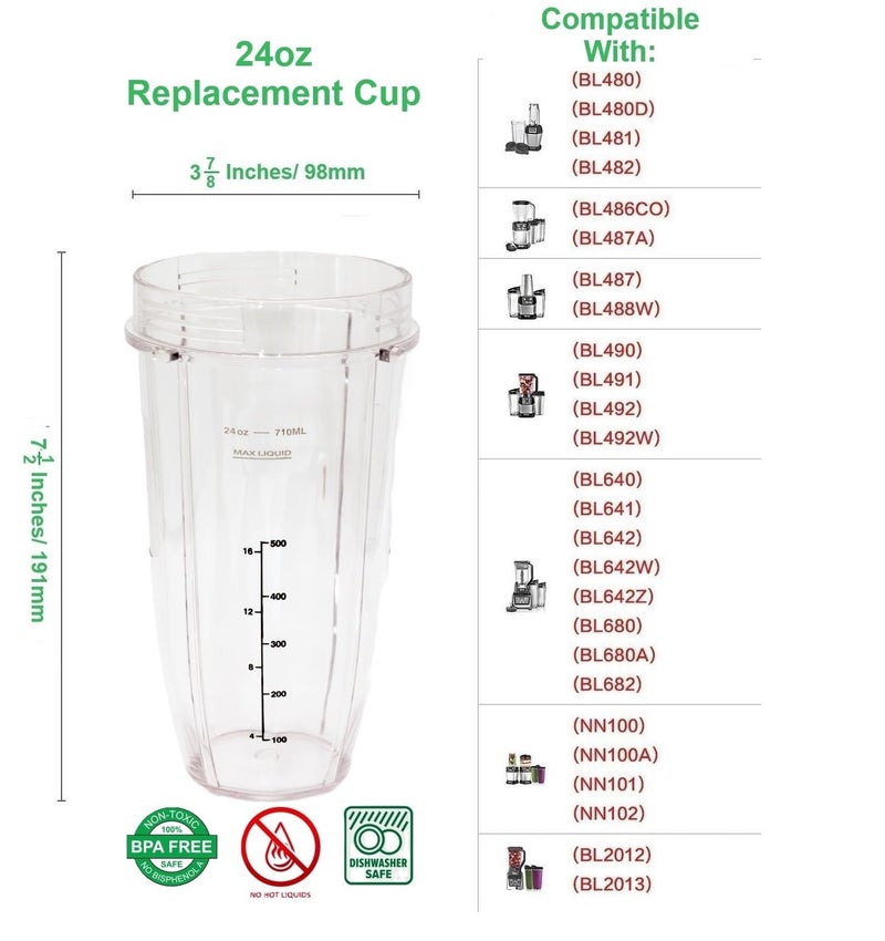 Blendin 24oz Large Tall Cup with Sip N Seal Lid Replacement Jar, Compatible with Nutri Ninja Auto IQ & Duo Blenders - Premium Blender Replacement Cups - Cup Diameter is 4" (2 Pack) - Image 4